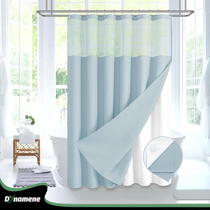 Dynamene Extra Long Shower Curtain, 84 Inch Long Waffle Fabric Shower Curtain for Bathroom, Tall Waterproof Cloth Shower Curtain Liner Set with Hook, Snap in Liner, Mesh Top Window, Fog Blue, 72x84