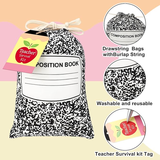 Sweetude 24 Set Teacher Appreciation Gifts Drawstring Bags Composition Notebook Bags with Tags Teacher Supplies Survival Kit Thank You Canvas Gift Wrap for Holiday Graduation Birthday Party