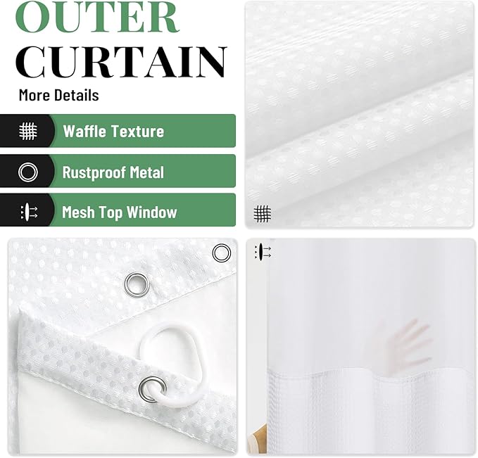 Dynamene 78 Inch Long Shower Curtain, Tall Waffle Fabric Shower Curtains for Bathroom, Hotel Waterproof Cloth Shower Curtain Liner Set with Hooks, Snap in Liner, Mesh Top Window, White, 72x78