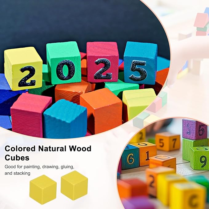 50-Pack DIY Wooden Cube, 0.4 Inch(1 Cm) Colored Natural Wood Blocks for Crafts Making Puzzle Games/Wedding/Home Decor/Dice/Building, Square Blank Block [Yellow]