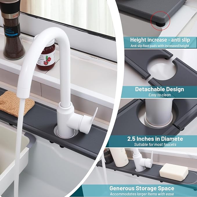 Faucet Mat for Kitchen Sink with Raised Feet, Fast Drying Diatomite Stone Sink Tray, Water Absorbent Faucet & Sink Splash Guard, Prevents Moisture Buildup, Durable Protector for Bathroom Counter