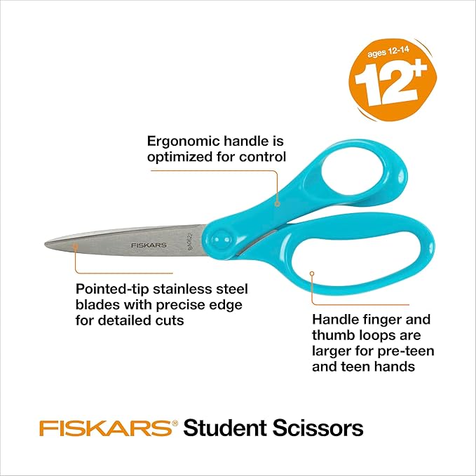 Fiskars 7" Student Scissors for Kids Ages 12-14, Scissors for School or Crafting, Back to School Supplies, Turquoise