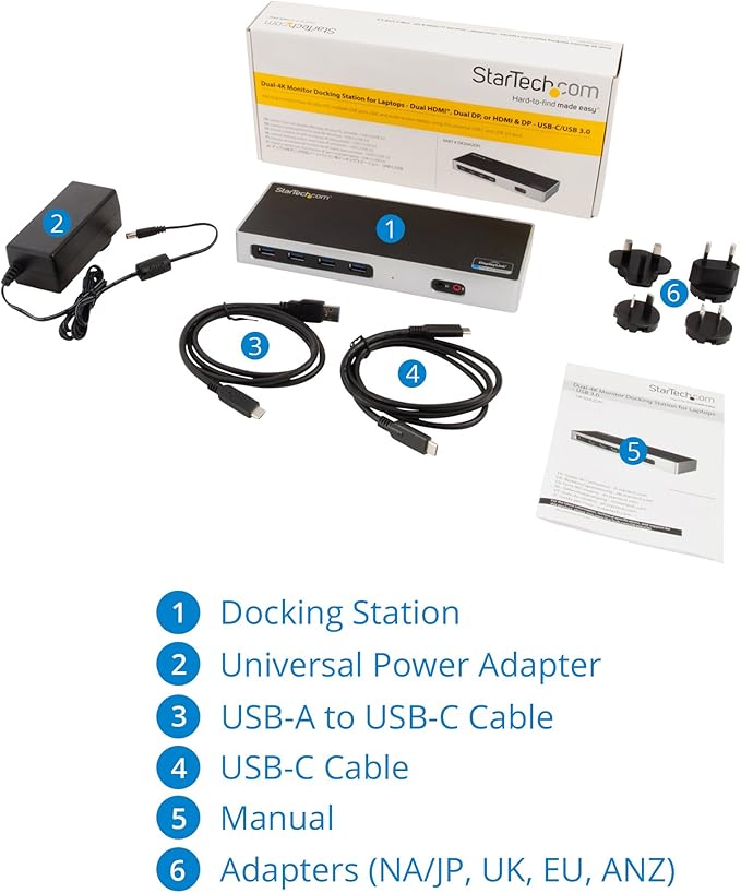 StarTech.com USB-C & USB-A Dock - Dual Monitor 4K 60Hz Dock DisplayPort + HDMI - Hybrid USB 3.0 Docking Station for USB-C/USB-A Laptops - 6x USB Type-A, GbE - USB 3.1 Gen 1 - Mac/Windows (DK30A2DH)
