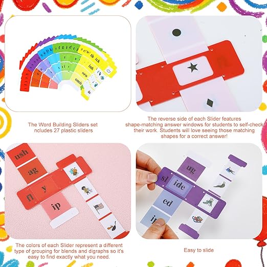 27 Pcs Word Vocabulary Building Sliders with Instruction Card Consonant Blends and Digraphs Phonics Manipulatives Along with VCV Teaching Colorful ELA Learning Essentials to Build Sentences