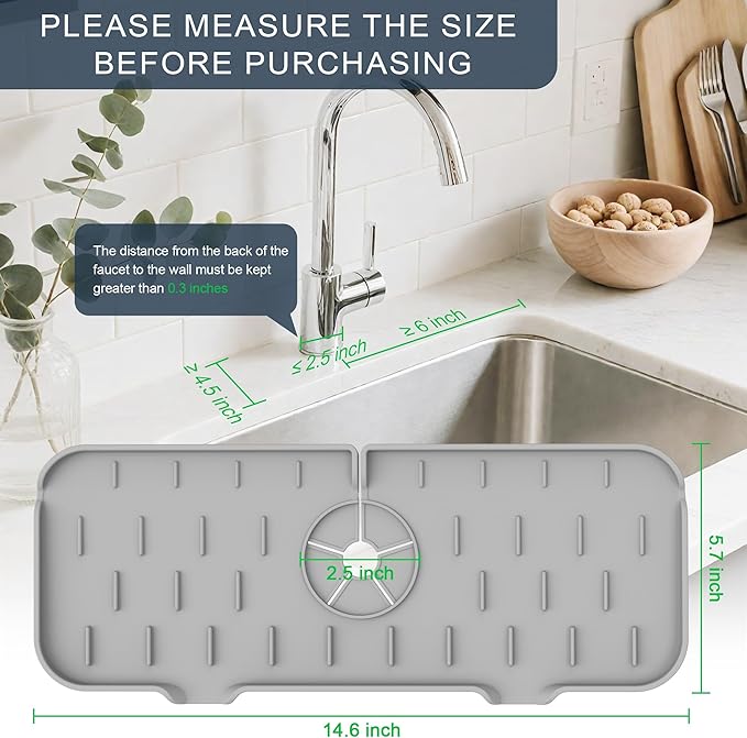 Kitchen Faucet Sink Splash Guard, Silicone Faucet Water Catcher Mat – Sink Draining Pad Behind Faucet, Grey Rubber Drying Mat for Kitchen