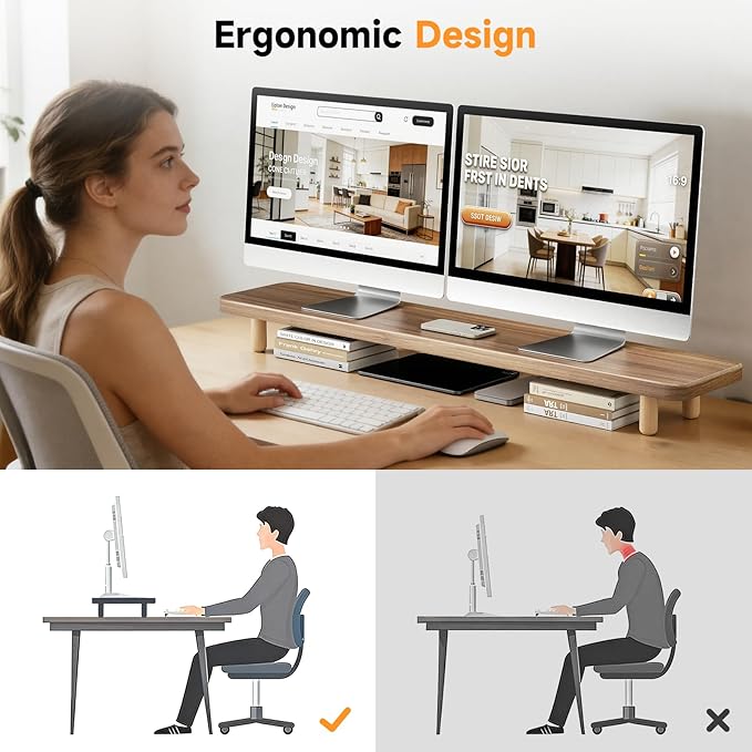 Dual Monitor Stand Riser, 39 Inch Extra Long Wooden Desktop Monitor Riser with Storage for 2 Monitors Ultra Strong Desk Shelf Organizer Riser Ergonomic for 2 Screens/Laptop/PC/TV/Printer, Light Walnut