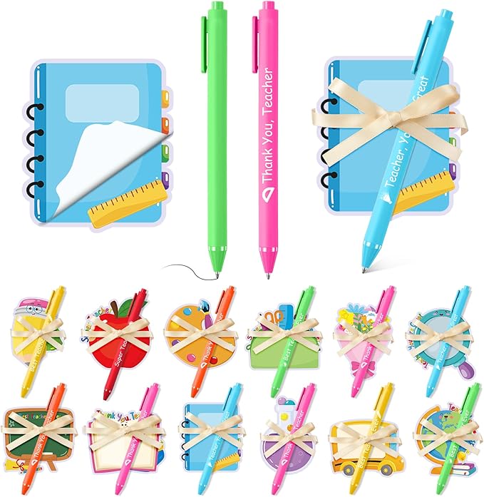 24 Sets Teacher Sticky Notes and Pens Set Teacher Appreciation Gifts Bulk Pencil Book Blackboard Apple Bouquet Shaped Self Sticky Notepads Ballpoint Pens for Teacher Gift School Supplies