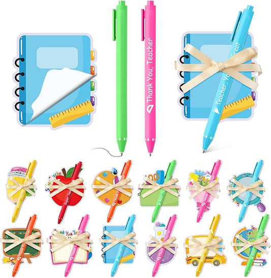24 Sets Teacher Sticky Notes and Pens Set Teacher Appreciation Gifts Bulk Pencil Book Blackboard Apple Bouquet Shaped Self Sticky Notepads Ballpoint Pens for Teacher Gift School Supplies