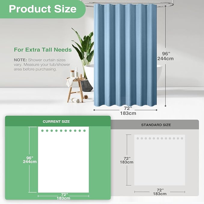 Dynamene Extra Long Shower Curtain - 96 Inch Long Waffle Weave Weighted Thick Cloth Bathroom Shower Curtain, Neutral Heavy Duty Hotel Bath Curtain Set with 12 Plastic Hooks,72x96, Moonlight Blue