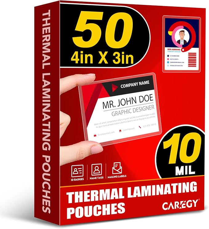 CAREGY 50 Count Thermal Laminating Pouches, 10 Mil, 4x3 Inch Laminate Business Cards, Round Corner, Ideal Office or School Supplies