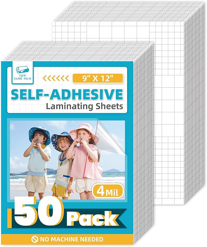 T&W SAME FILM 50 Pack Self Adhesive Laminating Sheets, Holds 8.5 x 11 Inch Laminate Paper, 9 x 12 Inch Lamination, Letter Size, Thermal Laminating Sheets, Self Sealing
