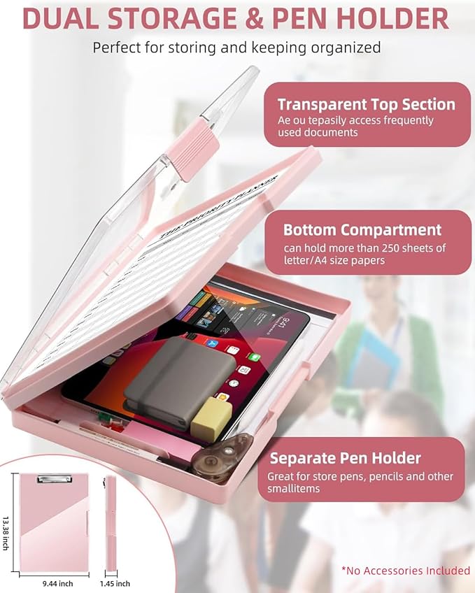 Clearview Clipboard with 2 Storage, Dry Erase 8.5x11 Heavy Duty ClipBoards - High Capacity Coaches Clip Board with Pen Holder - Side Opening Plastic Nursing Clip Case (Pale Pink)