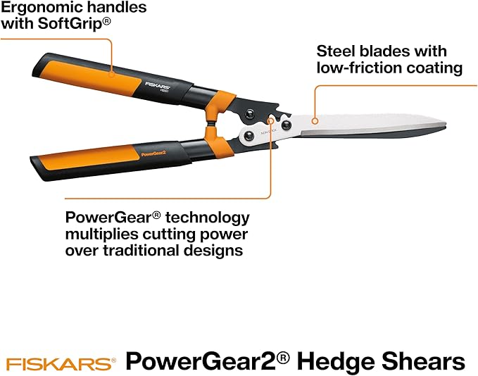 Fiskars 23" Hedge Shears, Hedge Clippers with PowerGear2 Technology that Multiplies Power for Less Effort, Garden Shears with SoftGrip Handles and Shock-Absorbing Bumpers