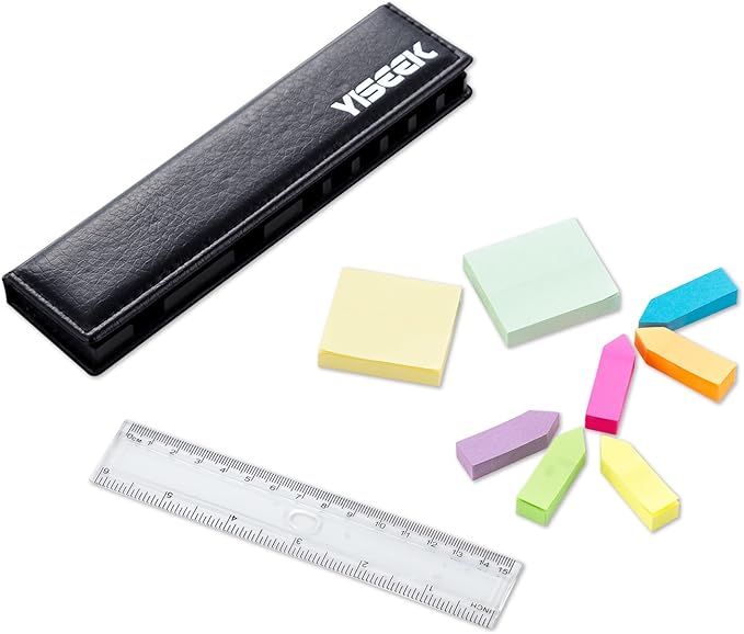 Sticky Notes and Index Tabs Set with Ruler – 640 Pieces Colored Page Markers, 2 Mini Rectangular Note Pads, 6 Arrow Flags, Leather-Look Organizer Case, 1 Set