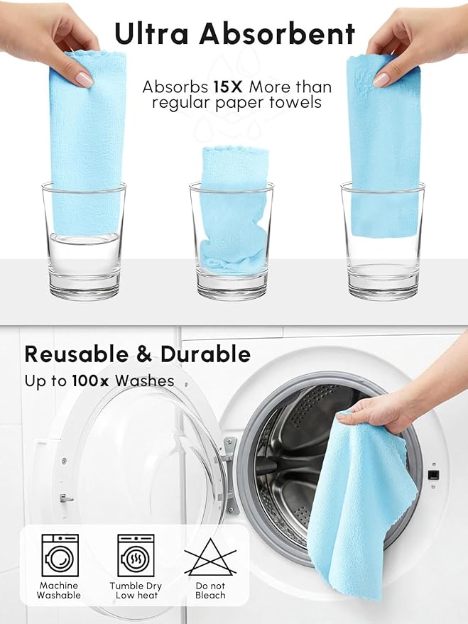 Microfiber Cleaning Cloths Roll, 75 Pack Tear Away Microfiber Towels Roll, 12" x 12" Lint Free Rags, Reusable Cleaning Cloths, Washable, Scratch Free,Ultra Absorbent Dish Rags(Blue)