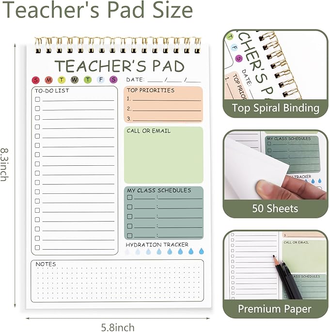 Newkita Teacher To Do List Notepad, 8.3x5.8 Inch Teacher Notepad, Spiral Checklist Notebook for Class Schedules, Daily Planner, School Tasks and Goal Setting (Green)