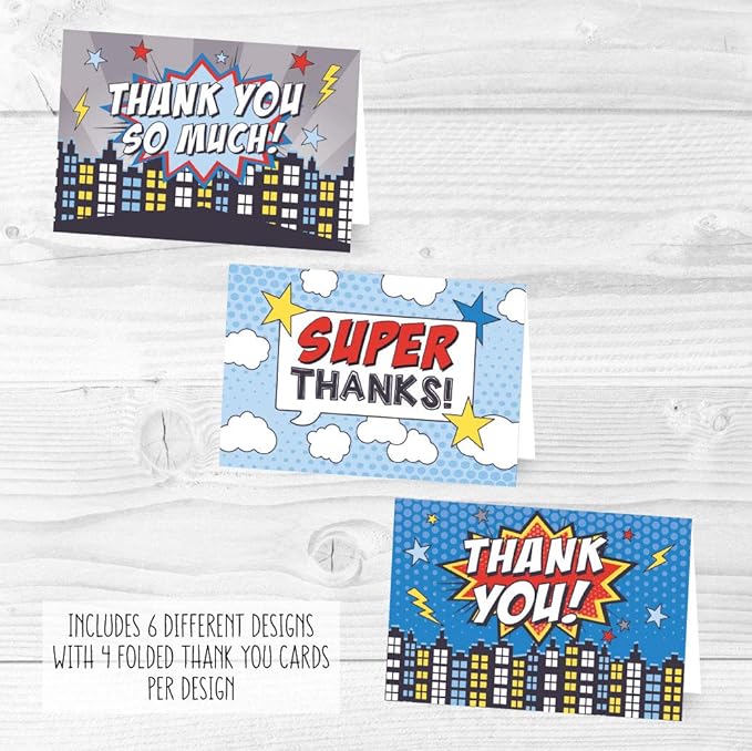 Hadley Designs 24 Superhero Thank You Cards With Envelopes - 4x6 Kids Thank You Cards Boys Birthday Bulk, Blank Baby Boy Super Hero Teacher Appreciation Notes, Superhero Party Supplies, Made In USA