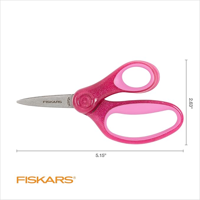 Fiskars 5" SoftGrip Pointed-Tip Glitter Scissors for Kids Ages 4-7, Scissors for School or Crafting, Back to School Supplies, Pink
