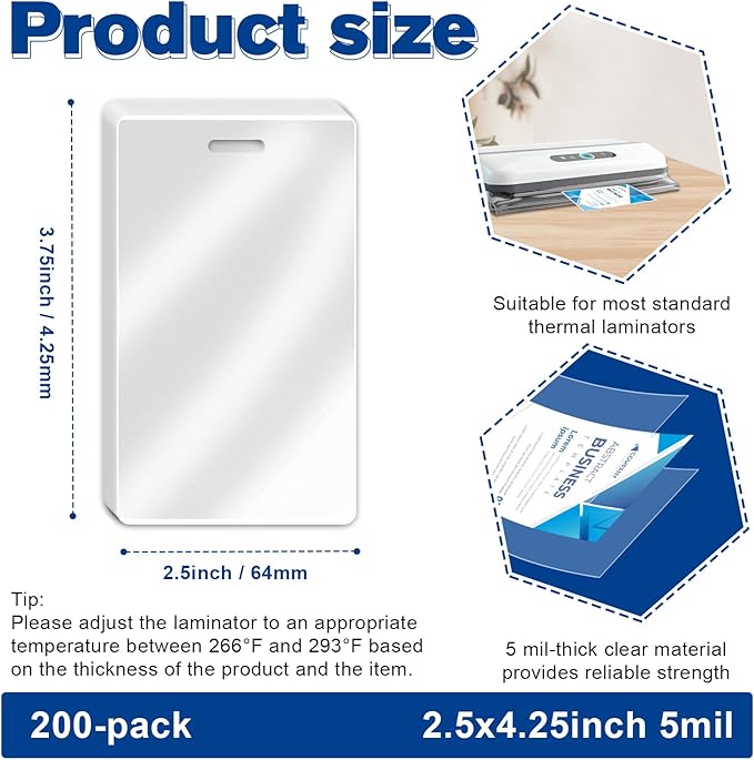 200 Pack 5mil 2.5" x 4.2" Thermal Laminating Pouches Badge Laminate Pouches Clear Laminated Luggage Tags Printable Laminator Pouches for Business Permits Cards