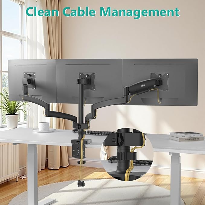 WALI Triple Monitor Mount, 3 Monitor Desk Mount with Premium Gas Spring Arm for Screens 13-27 Inch, Multiple Monitors Stand with Tilt, Swivel, Rotation, Mounting Holes 75/100 mm, Black
