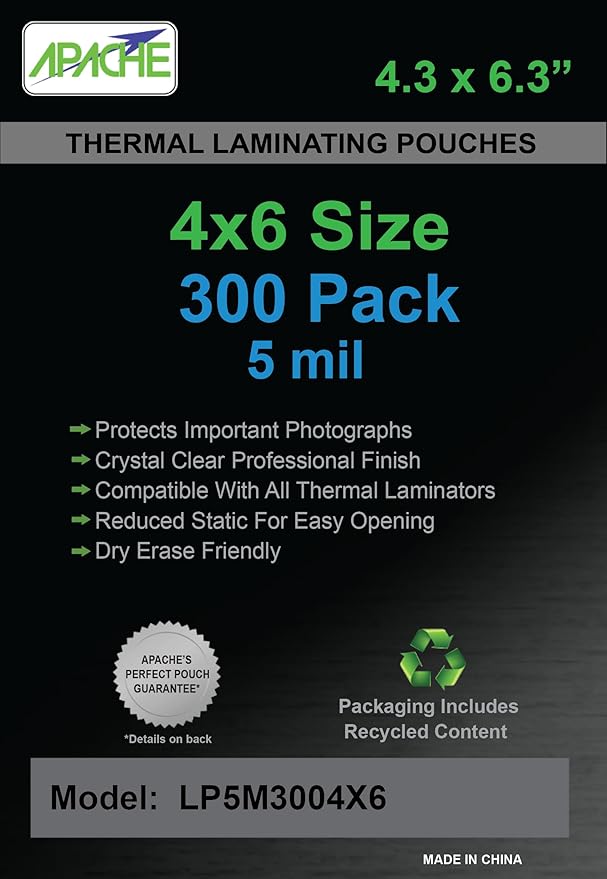 Apache 300 Pack Laminating Pouches 5 mil, Holds 4 x 6 Inch Photo Size (4.3 x 6.3 Inch Sheets), Office and School Supplies, Thermal Laminating Sheets, Super Clear, Round Corner