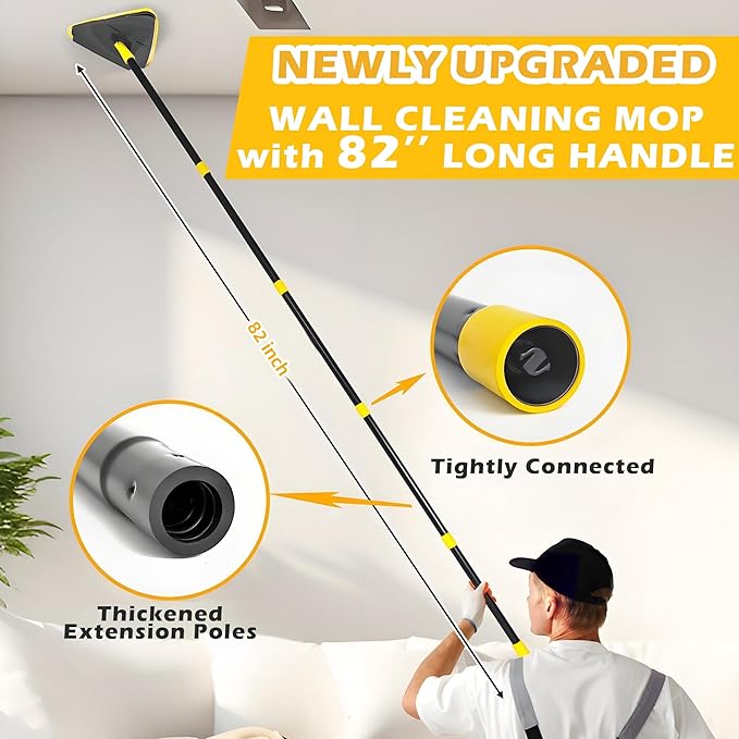 Newly Upgraded Wall Cleaner Mop with Long Handle 82 Inches, 3-in-1 Ceiling Cleaning Tool Duster with 6 Replacement Microfiber Chenille Pads for Painted Walls, Window, Floor, Baseboard