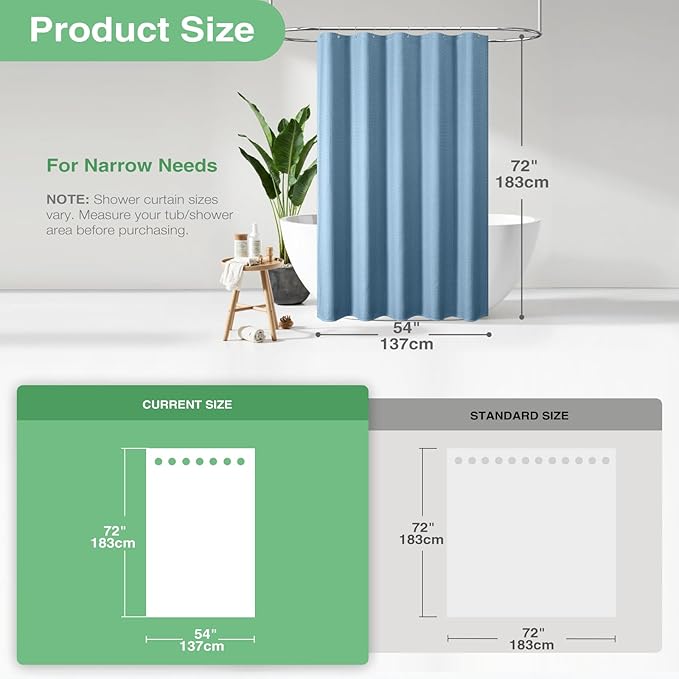 Dynamene Stall Fabric Shower Curtain - 54 inch Wide Waffle Weave Weighted Thick Cloth Shower Curtains for Bathroom, Heavy Duty Hotel Spa Luxury Bath Curtain Set with 10 Hooks, 54x72, Moonlight Blue