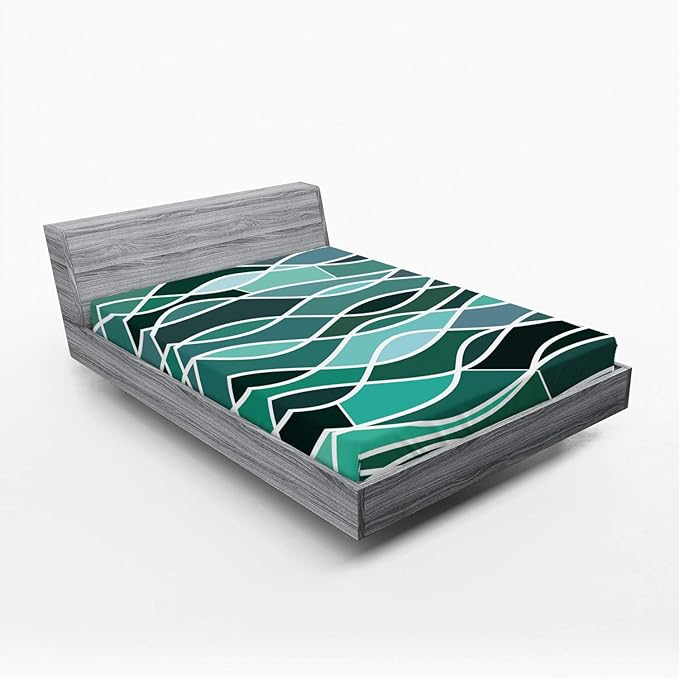 Ambesonne Seafoam Fitted Sheet, Stained Glass Pattern with Wavy Lines and Mosaic Abstract Geometric Composition, Bed Cover with All-Round Elastic Deep Pocket for Comfort, Queen Size, Multicolor