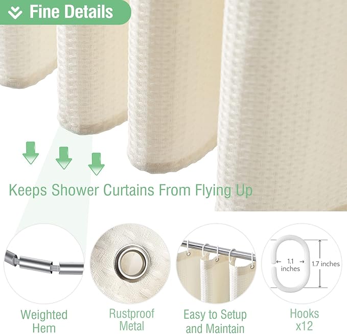 Dynamene Long Fabric Shower Curtain - Waffle Textured Tall Heavy Duty Cloth Shower Curtains for Bathroom, 256GSM Large Hotel Luxury Bath Curtain Set with 12 Plastic Hooks,72Wx78H, Cream/Ivory