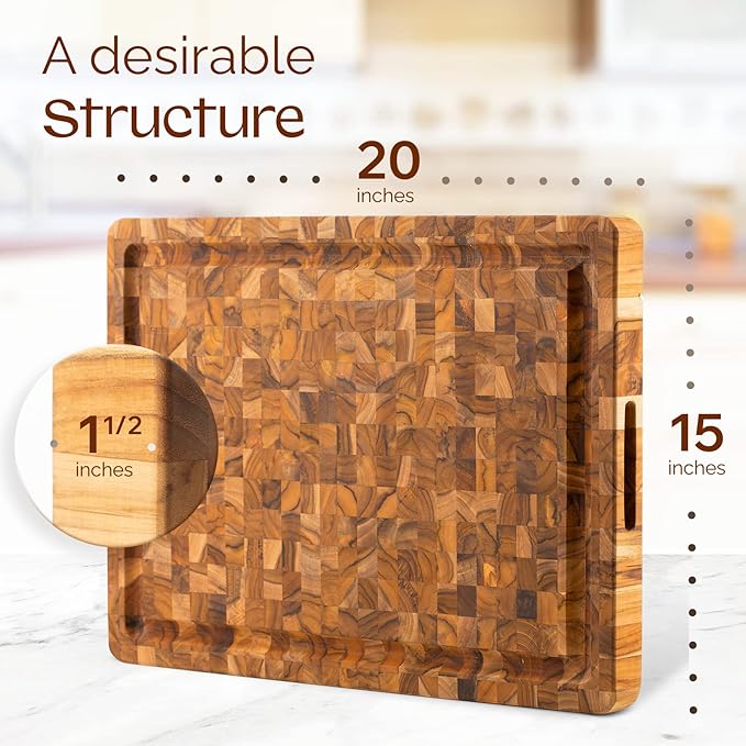 Yes4All Durable Teak Cutting Boards for Kitchen, [20''L x 15''W x 1.5” Thick] Large End Grain Cutting Board, Pre Oiled Wood Cutting Boards, Thick Chopping Board w/Juice Grooves and Easy Grip Handle
