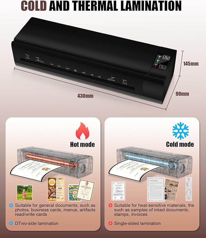 13 Inch Laminator Machine, A-3 9-in-1 Thermal Laminator with Sheets for Hot & Cold Laminating Machine, Features Fast 60-Sec Warm Technology and Never-Jam Design for Home,Office,or School Use (Black)