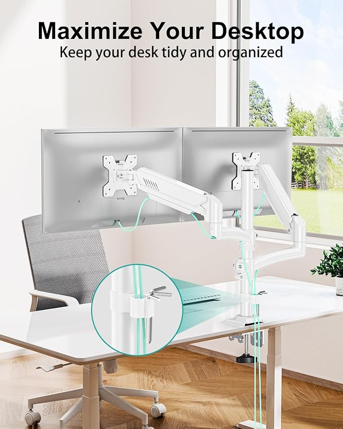 Dual Monitor Stand for Desk, Taller Monitor Arms for 2 Screens up to 32 inch, Ergonomic Adjustable Full Motion Double Computer Monitor Mount, Holds 4.4-22lbs, VESA 75/100mm, White, Freelift