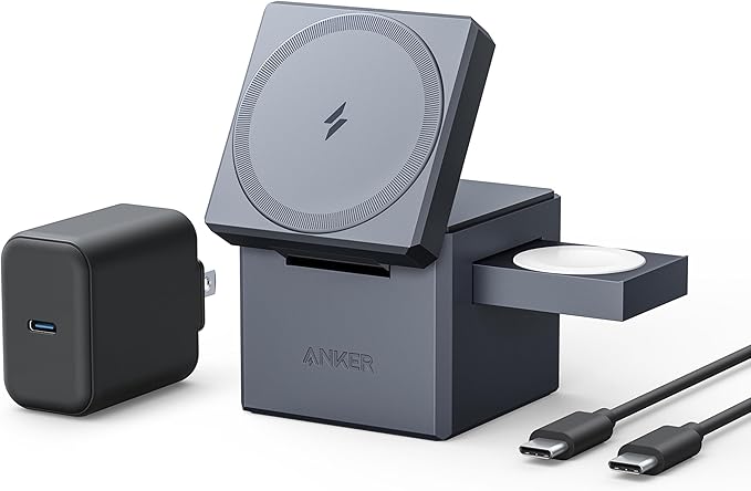 Anker MagSafe Charger Stand, iPhone 16 Wireless Charger, 3-in-1 Cube with MagSafe, 15W Foldable Fast Charging Stand, For iPhone 16/15/14/13, Apple Watch 1-8/Ultra, AirPods (30W USB-C Charger Included)