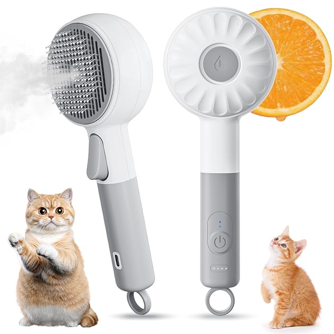 Little Orange Pet Spray Brush, 3-in-1 Grooming Tool with Steam Mist for Cats & Dogs, 2-Speed Spray Settings, Removes Dander & Deshedding, One-Touch Self-Cleaning Hair Brush, for Long Short Hair Pets