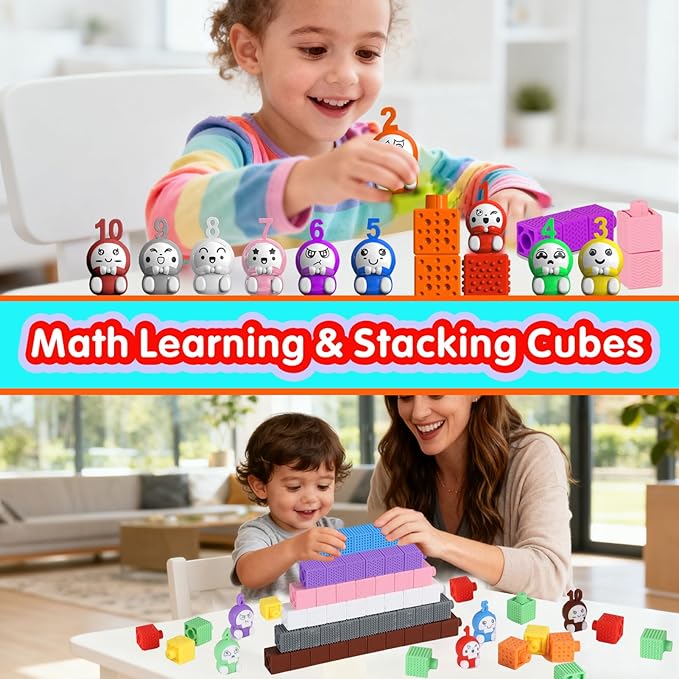 65PCS Sensory Stacking Cubes for Toddlers | Textured Soft Counting Cubes for Color & Number Learning | Squeezable Montessori Educational Building Toys, Preschool Learning Activities for Kids Ages 2-5