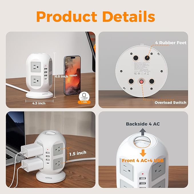 TESSAN Tower Surge Protector Power Strip 10 ft, Long Flat Extension Cord with Multiple Outlets, 8 AC Outlets with 4 USB Ports (1 USB C), Charging Station with Surge Protection, for Home Office Dorm