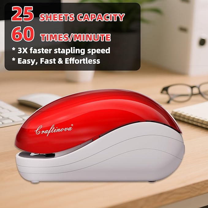 Electric Stapler-Red,Including 2000 Staples and 1 Staple Remover, Suitable for Palm Size and high Comfort，25 Sheet Capacity, AC Adapter or Battery Powered，Battery not Included
