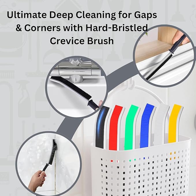 Hard Bristle Crevice Cleaning Brush Set, Multi Color, 6 Pack, 23cm Length, for Gap, Floor, Toilet Cleaning