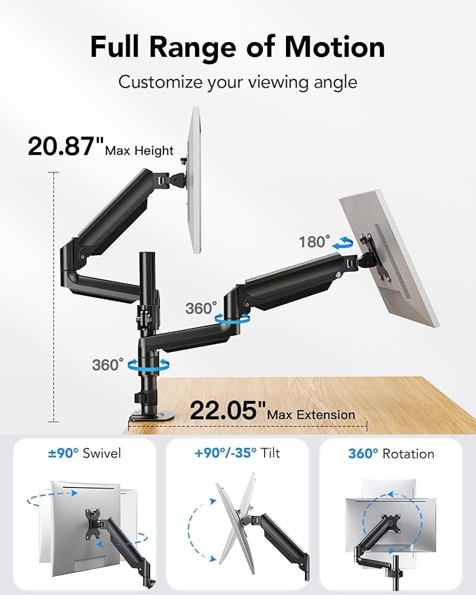 HUANUO Dual Monitor Mount up to 32 inches Screens, Taller Monitor Stand Hold 19.8lbs, Dual Monitor Arm Desk Mount Easy Adjustable with Tilt, Swivel, Rotation, VESA 75/100mm