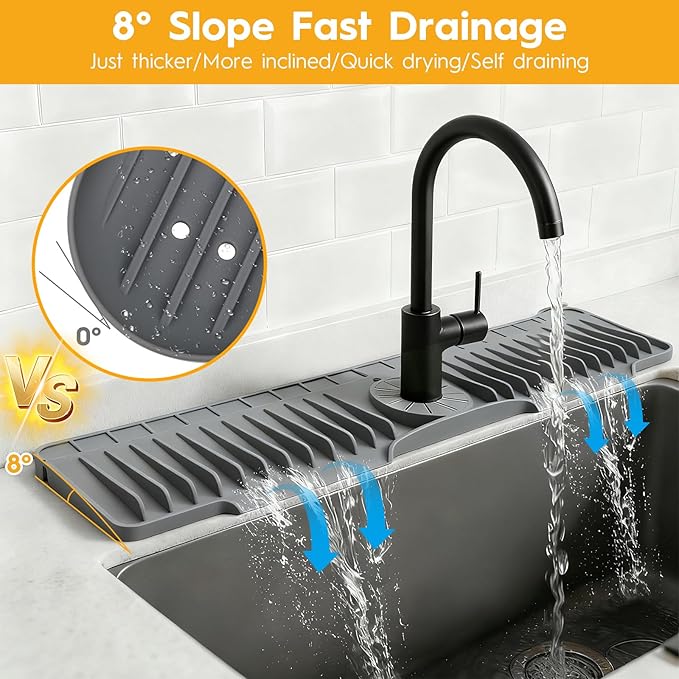 24" Silicone Faucet Mat for Kitchen Sink Released in 2025/12TH,8° Slope Fast Self-draining, Bathroom Kitchen Sink Area Water Splash Guard Behind Faucet Draining Dark Grey