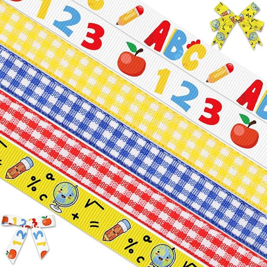 6 Rolls 30 Yards Back to School Ribbons - First Day Grosgrain Red Blue Yellow Plaid Apple 3/8" - School Rock Gift Wrapping for Teacher Kindergarten Party Supply