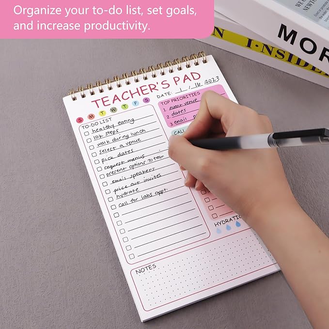 Newkita Teacher To Do List Notepad, 8.3x5.8 Inch Teacher Notepad, Spiral Checklist Notebook for Class Schedules, Daily Planner, School Tasks and Goal Setting (Pink)
