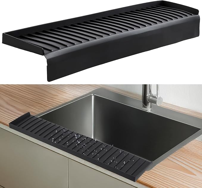 Sink Edge Protector with Suction Cup 4"x24", Silicone Sink Splash Guard for Kitchen & Bathroom, Protect Countertop from Scratches, Stains, for Stainless Steel Granite Quartz-Black