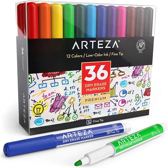 ARTEZA Dry Erase Markers Fine Tip, Bulk Pack of 36 Low-Odor Whiteboard Pens, 12 Assorted Colors for Office, Meeting Rooms & Daily Planning