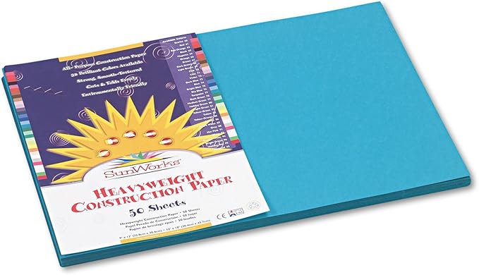 SunWorks 7707 Construction Paper, 58 lbs., 12 x 18, Turquoise, 50 Sheets/Pack