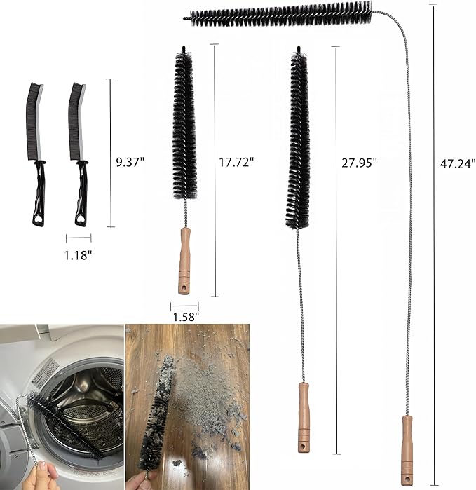 Dryer Vent Cleaner Kit, 3-Size Flexible Dryer Vent Brush Set with 2 Crevice Brushes, 17" 28" 47" Lint Trap Cleaning Tool for Dryer Vents, Refrigerator Coils, Radiator & Home Cleaning Essentials