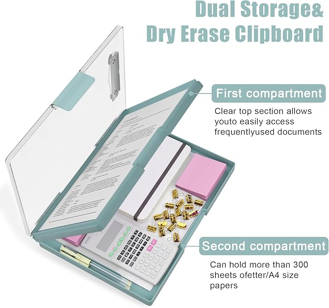 Hongri Clipboard with Storage, Green 8.5 x 11 Folder Nursing Side Opening, Heavy Duty with Dual Compartment, Smooth Writing for Teachers, Classroom, Size 13.3 x 9.4 x 1.5 in, Office & School Supplies
