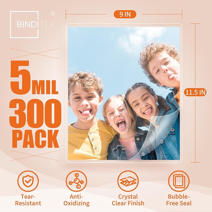 Binditek Laminating Sheets 5 Mil, Universal Fit for All Thermal Laminators, 300 Pack Thermal Laminating Pouches, Letter Size 8.5 x 11 in, Clear Glossy