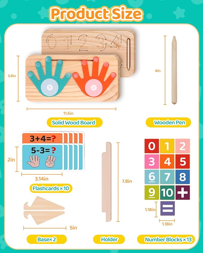 Montessori Learning Toys for Toddlers 2-4, Double-Sided Finger Counting & Number Tracing Board, Number Blocks,Solid Pine Wood Educational Math Toy for Kids Boys Girls Ages 3 4 5 Year Old Birthday Gift