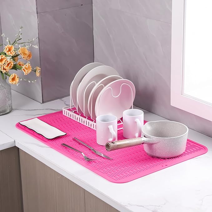 Silicone Dish Drying Mat for Multiple Usage,Easy clean,Eco-friendly,Heat-resistant Silicone Mat for Kitchen Counter or Sink,Refrigerator or Drawer Liner Rose 3XL 28 inches x 18 inches